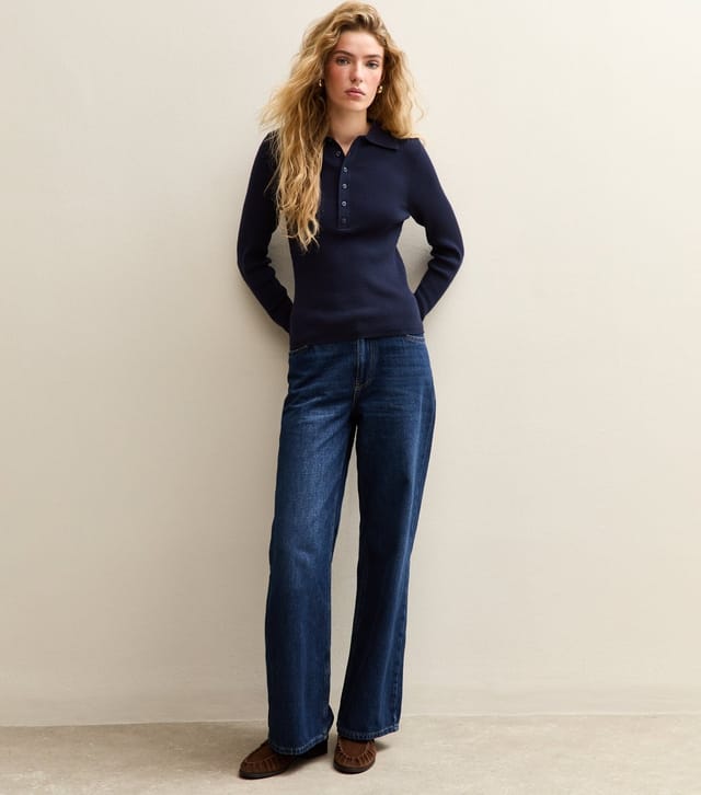 New Look Women's Navy Button Front Ribbed Polo Top New Look - 3