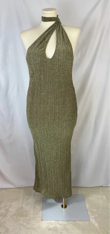 ASOS Design UK16-18 Gold Metallic Pleated Maxi Dress One Shoulder Scarf Tie Open Back Occasion