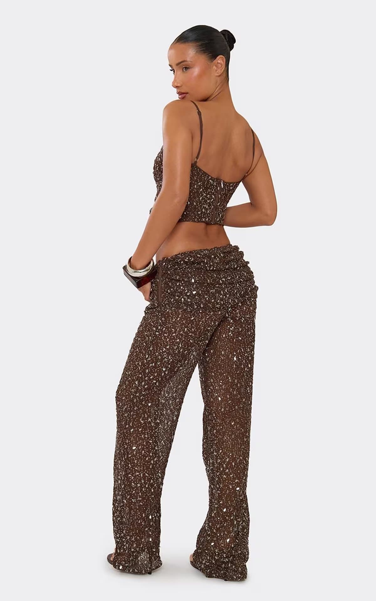 EGO Fold Over Waist Straight Leg Trousers In Dark Brown Sequin, Women's Size UK 6