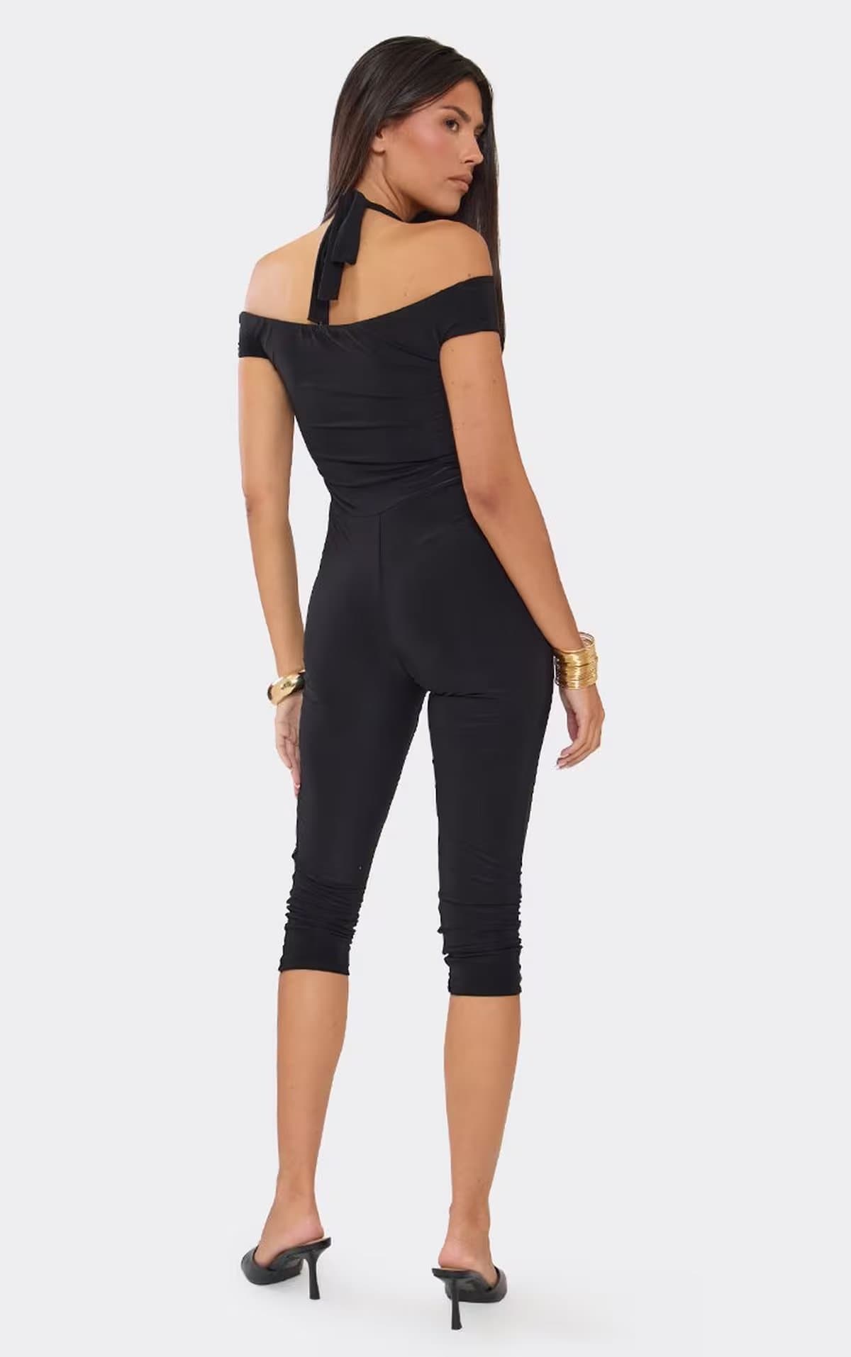 EGO Off The Shoulder Capri Jumpsuit In Black, Women's Size UK 6