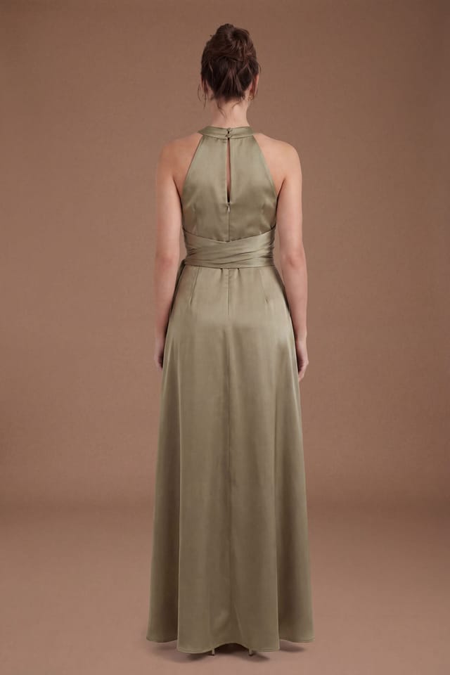 Coast Coast Women's Honoured Petite Twist Halterneck Satin Maxi Bridesmaid Dress in Olive - 2