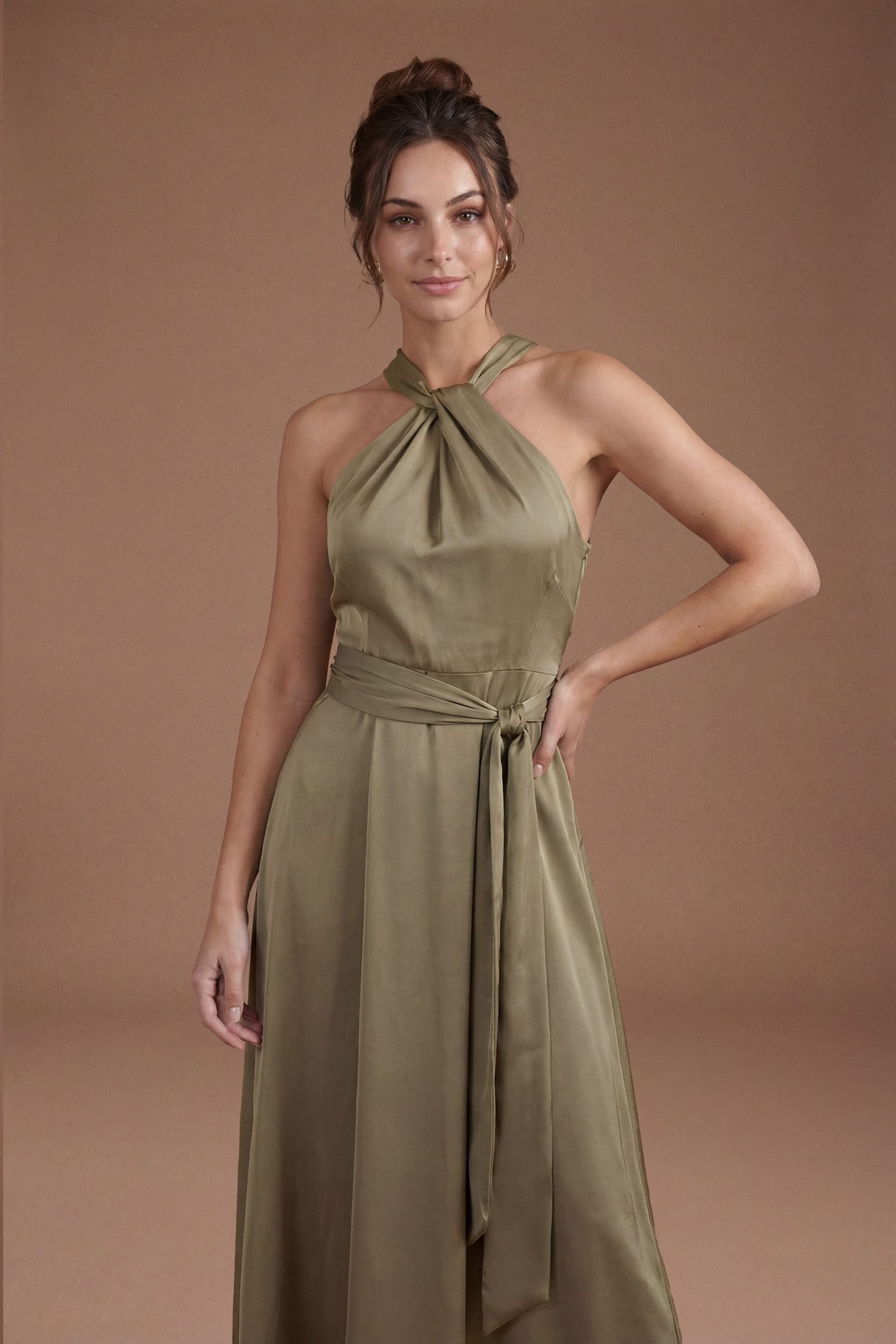 Coast Coast Women's Honoured Petite Twist Halterneck Satin Maxi Bridesmaid Dress in Olive - 4