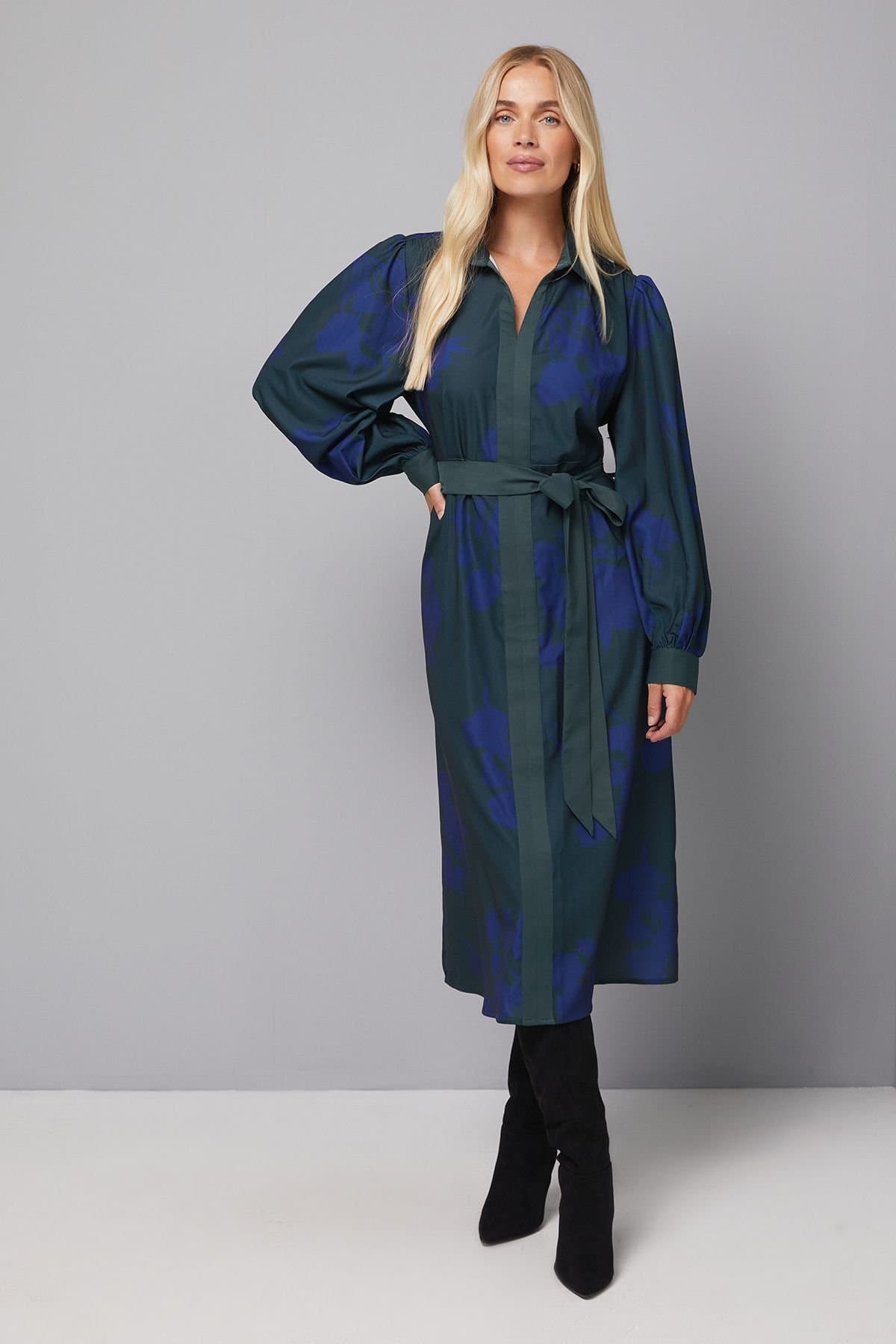 Wallis Wallis Women's Petite Floral Print Button Shirt Midi Dress in Green