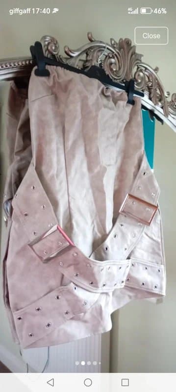 PrettyLittleThing Plt size 12 Bandeau faux leather beige mini clubbing strapless metal belt rare buckle dress party