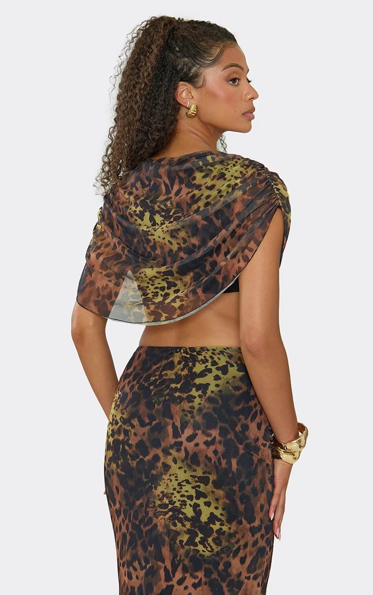 EGO Short Sleeve Cape Top In Brown Leopard Print Mesh, Women's Size UK 6