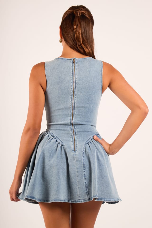 Jaded Rose Jaded Rose Women's Tabitha Blue Denim Sleeveless A Line Mini Dress in Mid Blue - 3
