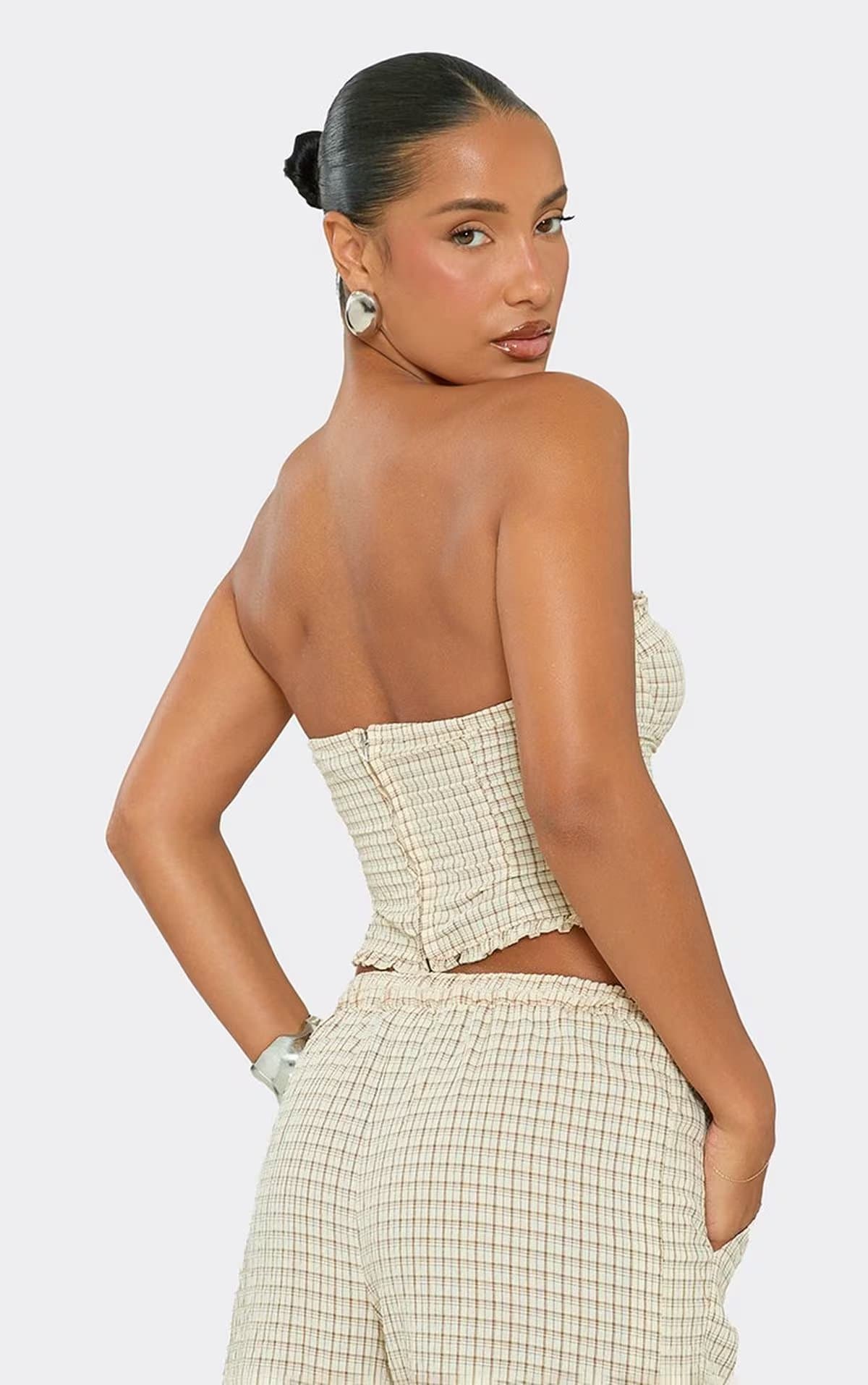 EGO Bandeau Frill Hem Corset Top In Cream Check Print, Women's Size UK 6