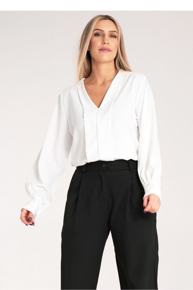 Love Lace Love Lace Women's Satin Long Sleeve V Neck Blouse with Buttons Style 214924 in White - 2