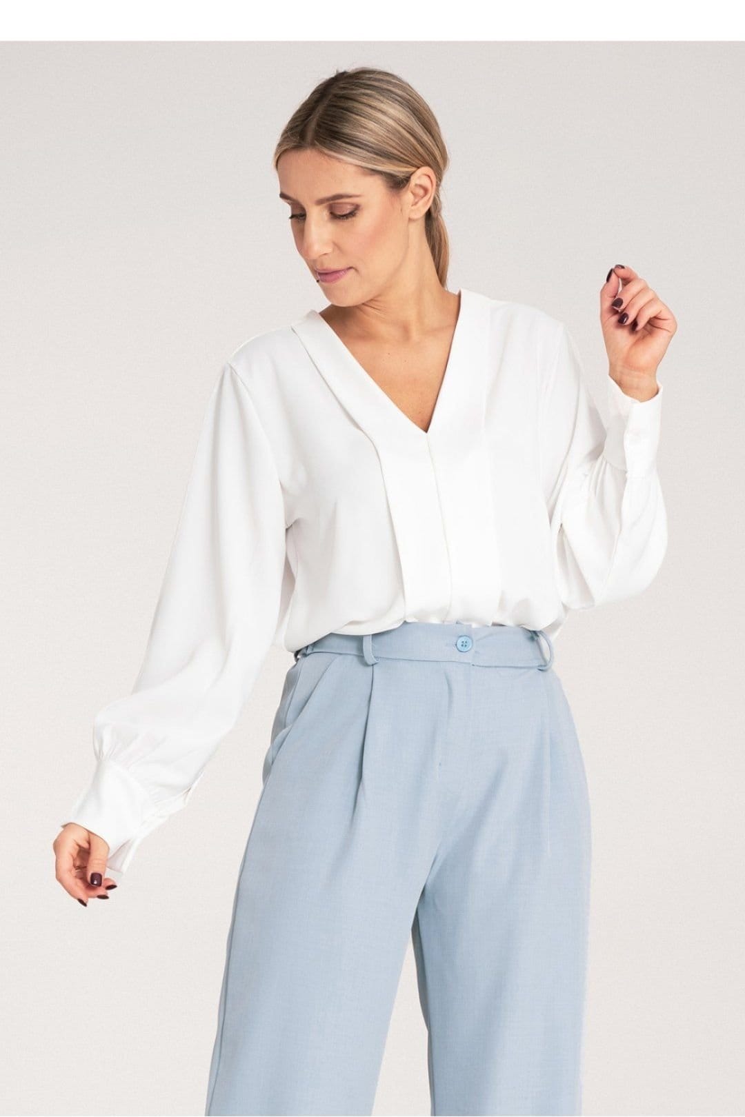 Love Lace Love Lace Women's Satin Long Sleeve V Neck Blouse with Buttons Style 214924 in White - 4