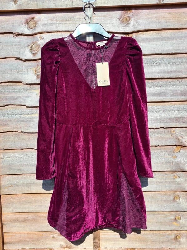 Oasis Petite Burgundy Velvet & Lace Mini Dress - UK 6
