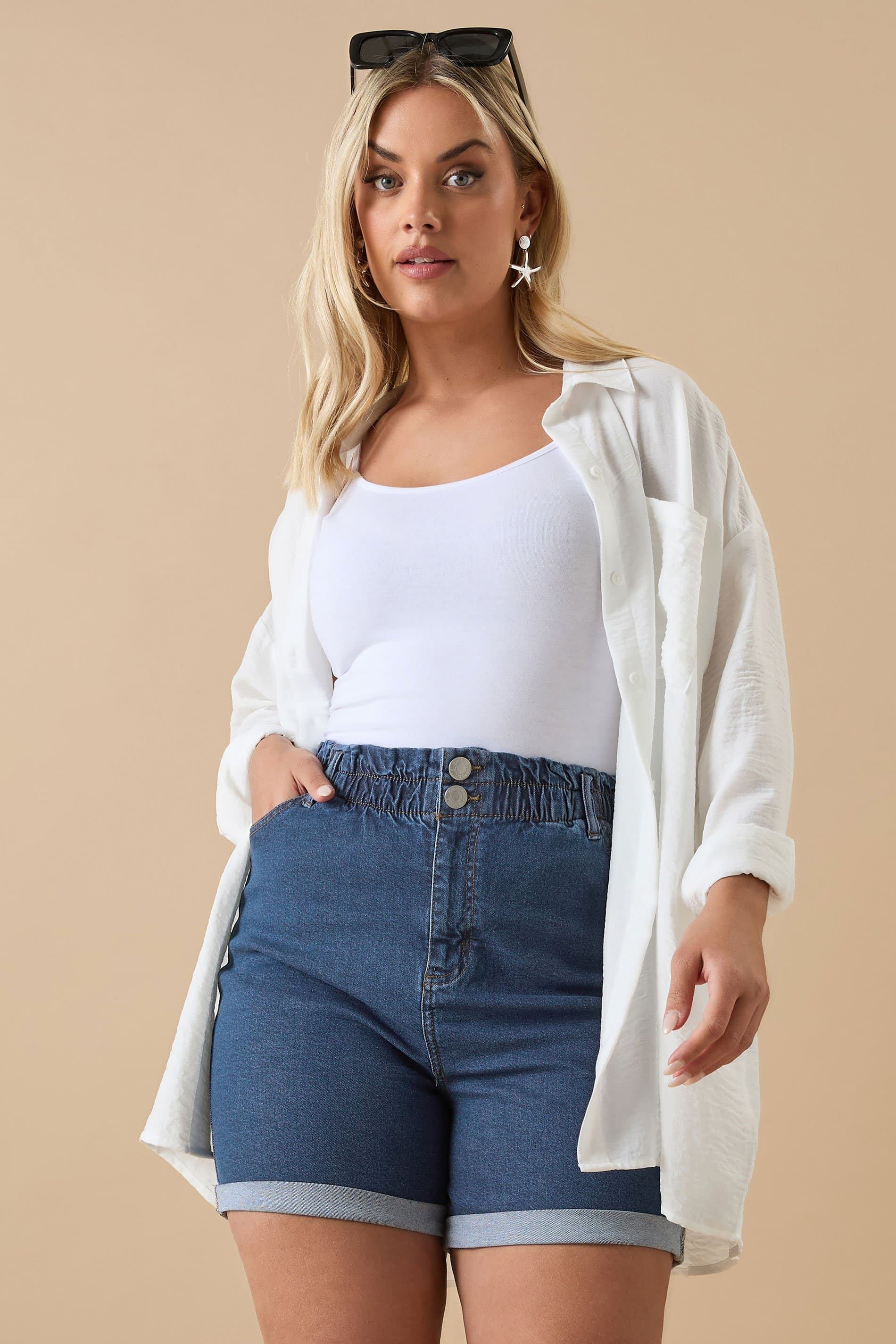 Yours Plus Size Mid Blue Elasticated Waist Turn Up Denim Shorts