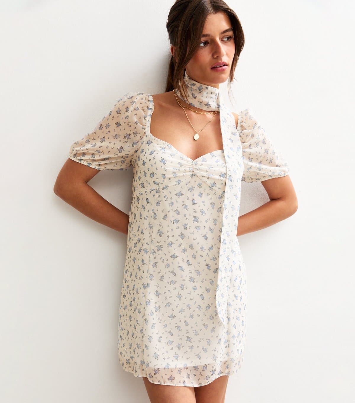 New Look Women's White Floral Print Chiffon Mini Dress New Look