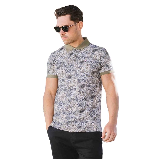 Lambretta Lambretta Men's SS25 Paisley Branded Polo Shirt in Khaki - 3