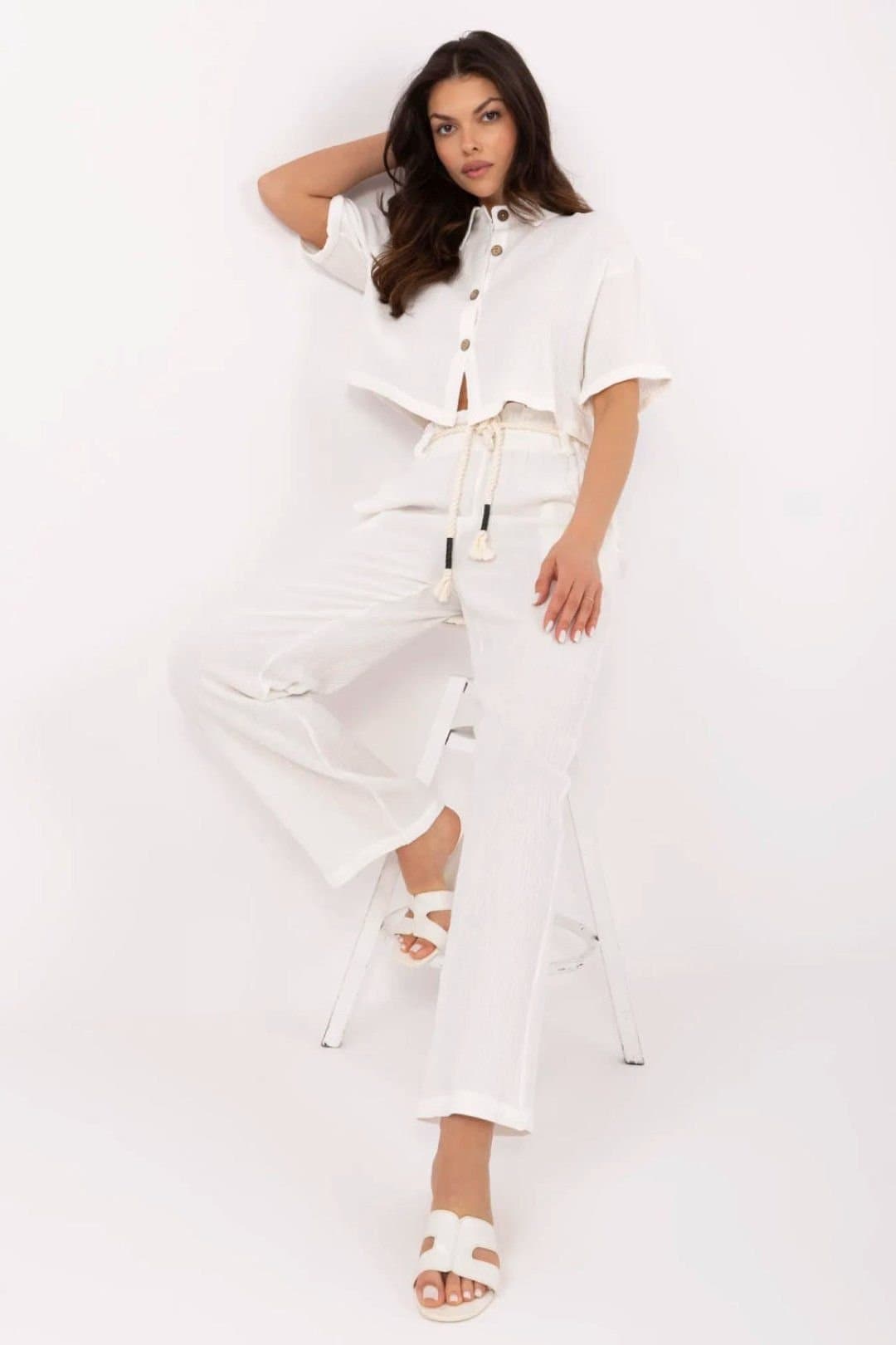 Love Lace Love Lace Women's Linen Viscose Shirt & Pants Set in White