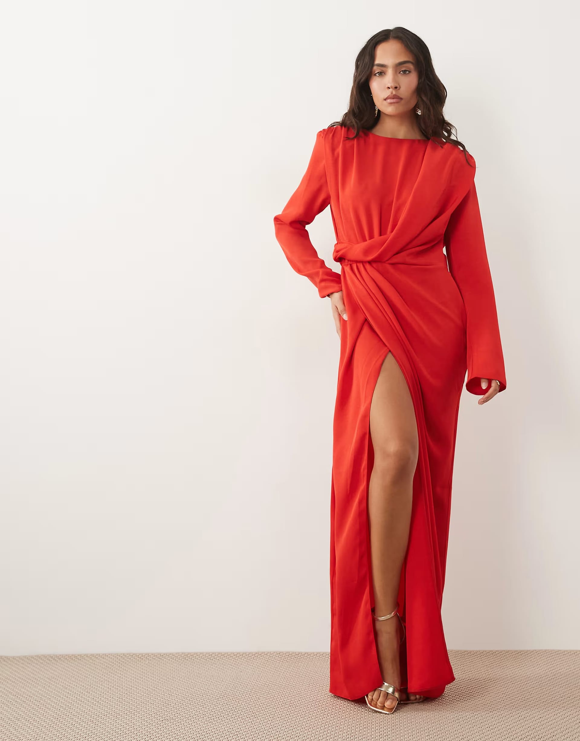 ASOS Red Satin Long Sleeve Shoulder Pad Draped Waist Maxi Dress