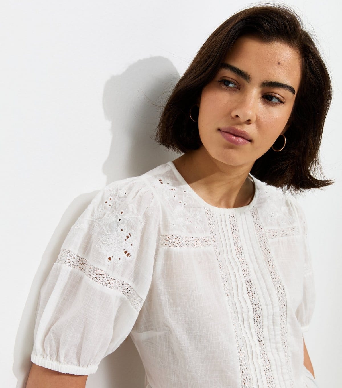 New Look White Cotton Lace Trim Puff Sleeve Blouse