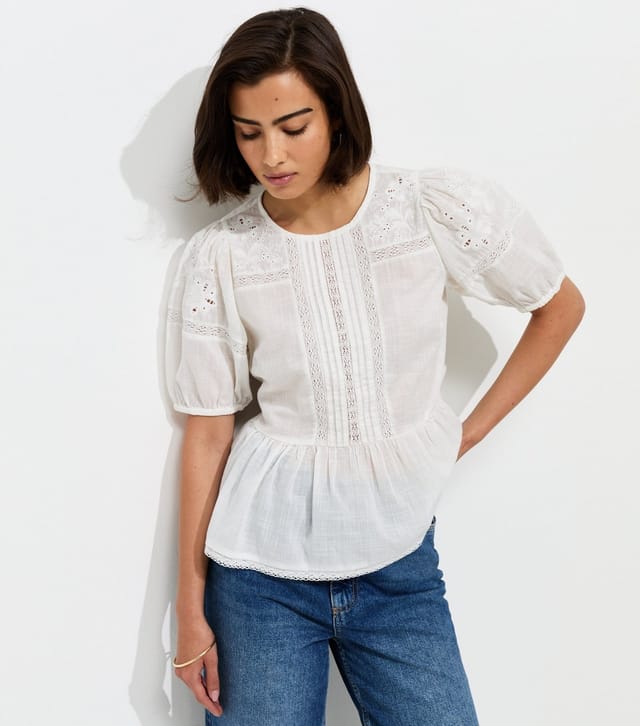 New Look Women's White Cotton Lace Trim Puff Sleeve Blouse New Look - 2