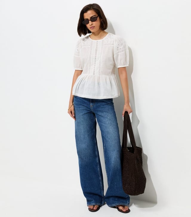 New Look Women's White Cotton Lace Trim Puff Sleeve Blouse New Look - 3