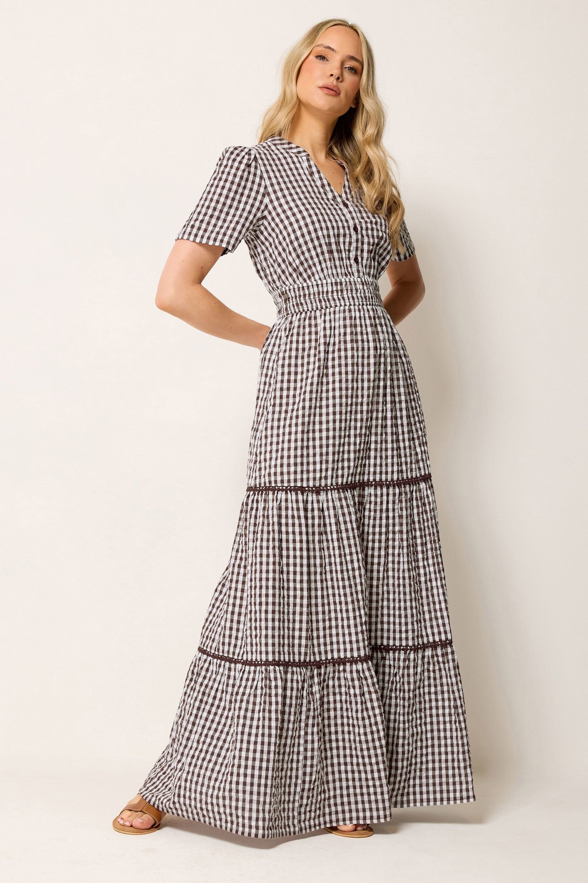Long Tall Sally Long Tall Sally Women's Tall Gingham Cotton Maxi Dress in Chocolate - 4