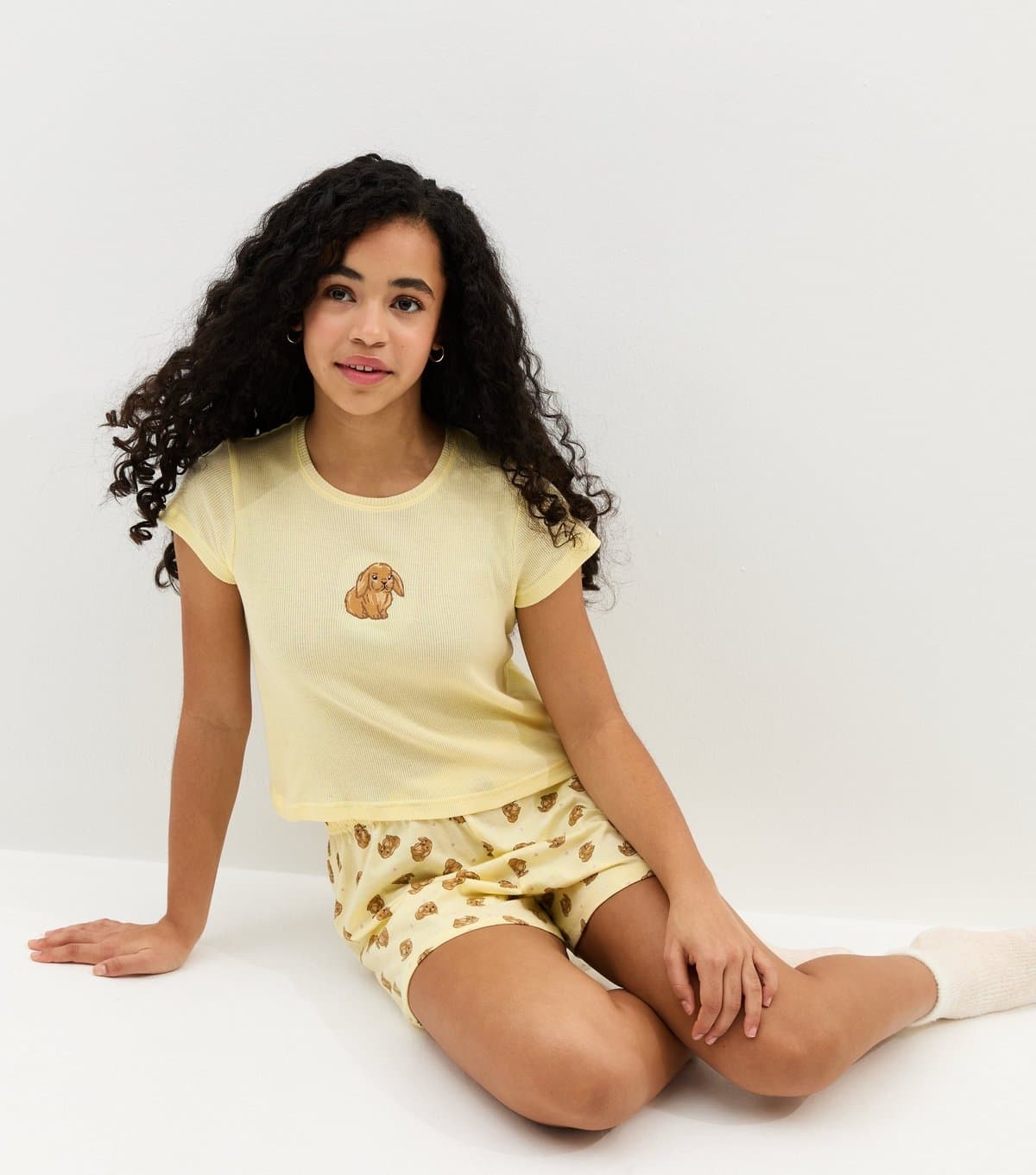 New Look Girls' Yellow Cotton Embroidered Bunny T-Shirt and Shorts Pyjama Set New Look