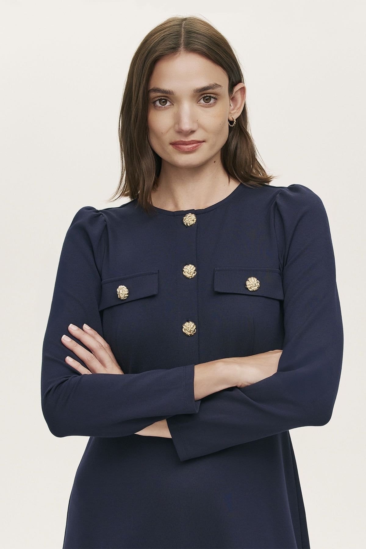 Finery London Finery London Women's Gilly Ponte Jersey Buttoned Midi Dress in Dark Navy - 4