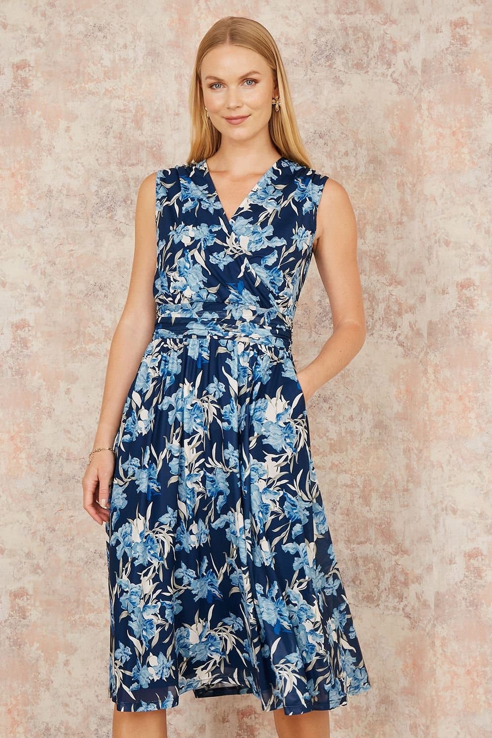 Yumi Yumi Women's Blue Floral Mesh Wrap Skater Dress With Pockets