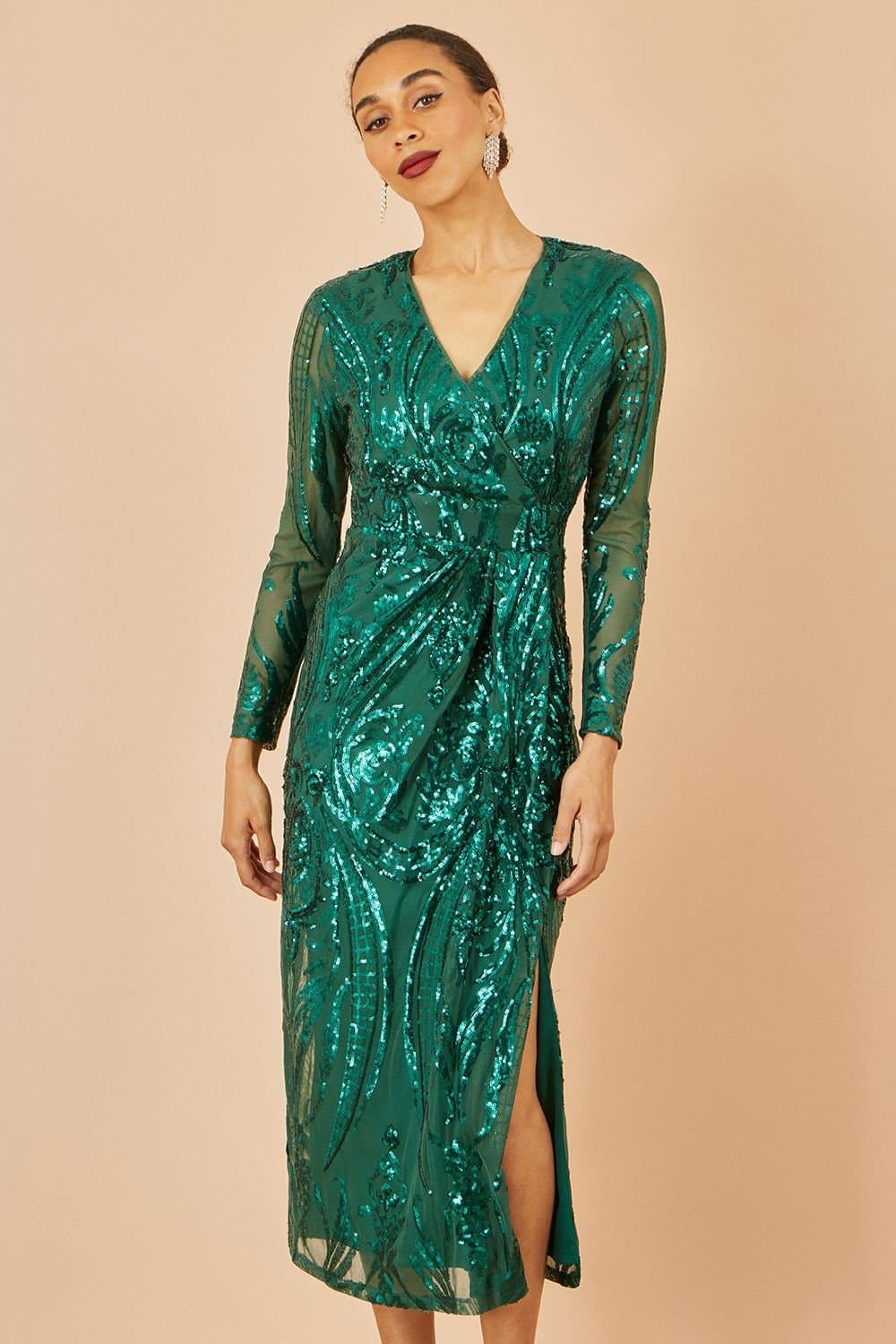 Yumi Yumi Women's Green Sequin Midi Wrap Dress With Split Hemline & Long Sleeves