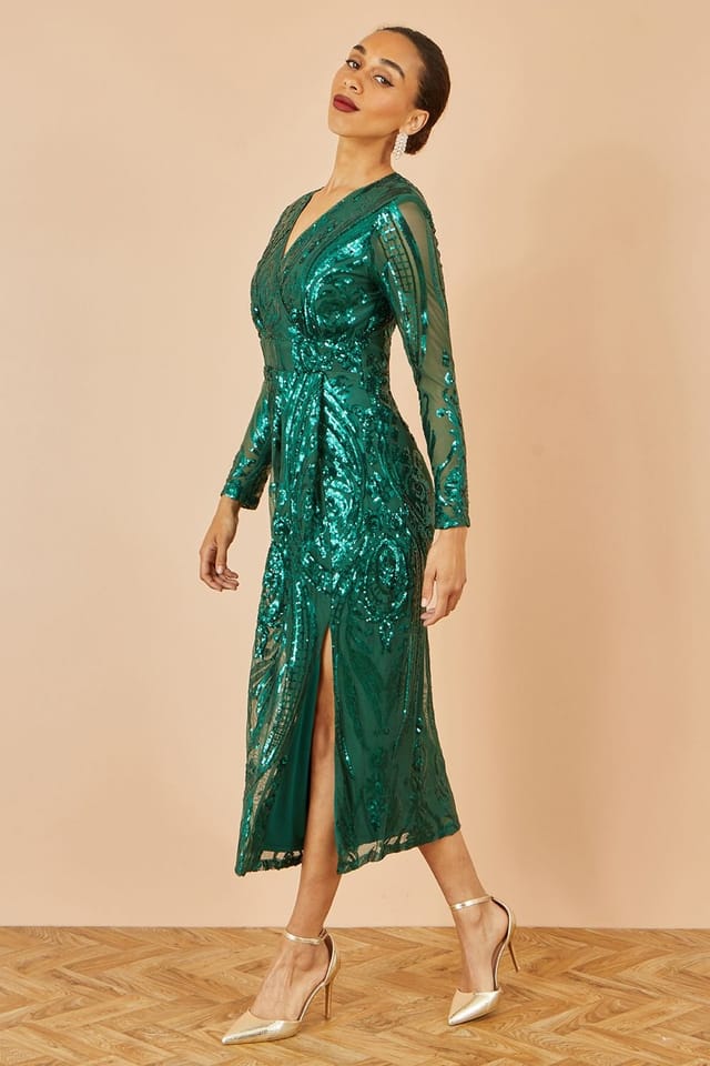 Yumi Yumi Women's Green Sequin Midi Wrap Dress With Split Hemline & Long Sleeves - 3