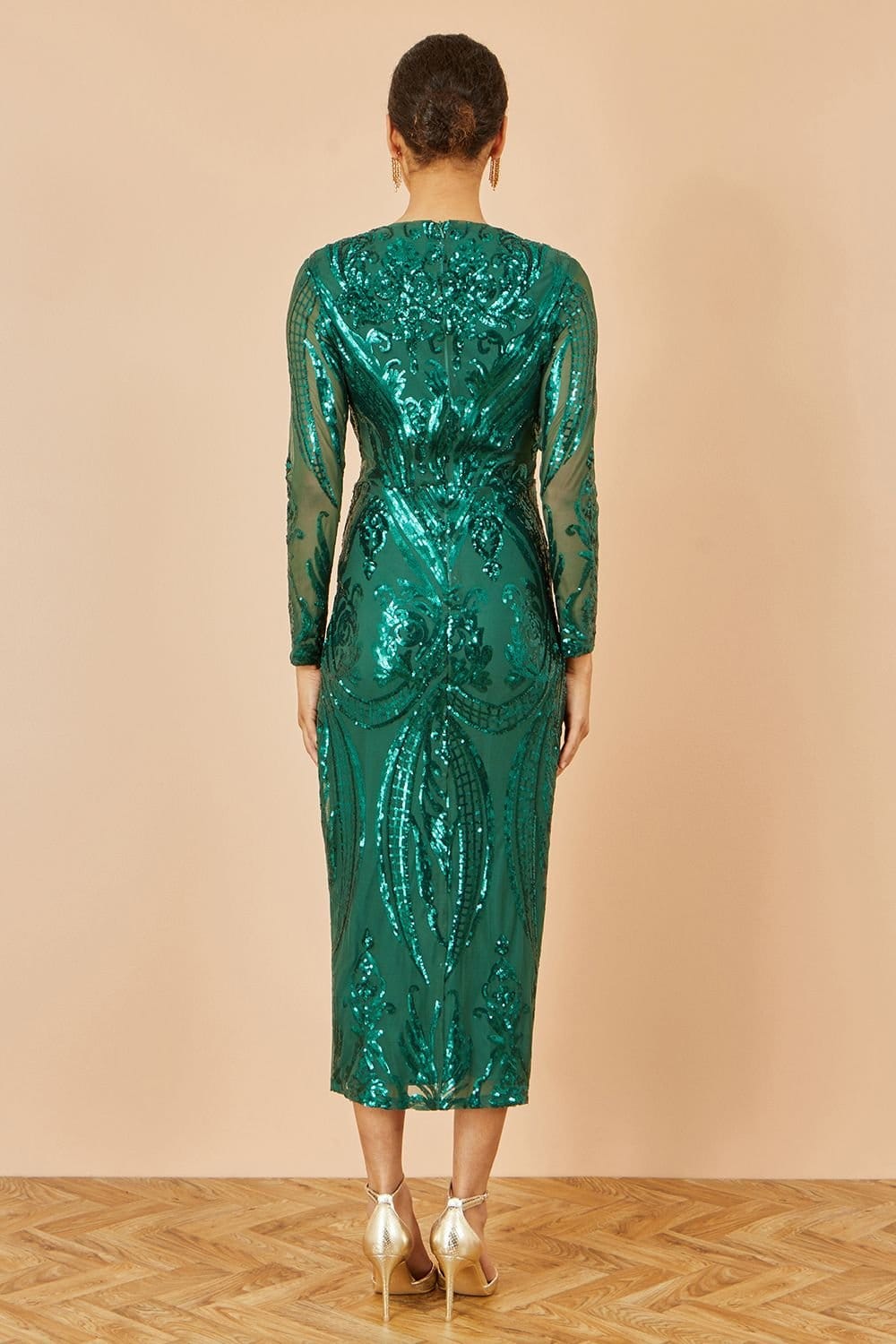 Yumi Yumi Women's Green Sequin Midi Wrap Dress With Split Hemline & Long Sleeves - 4