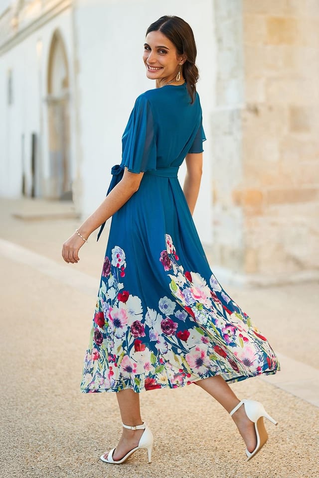 Yumi Yumi Women's Teal Mesh Wrap Midi Dress With Floral Hem Border - 3