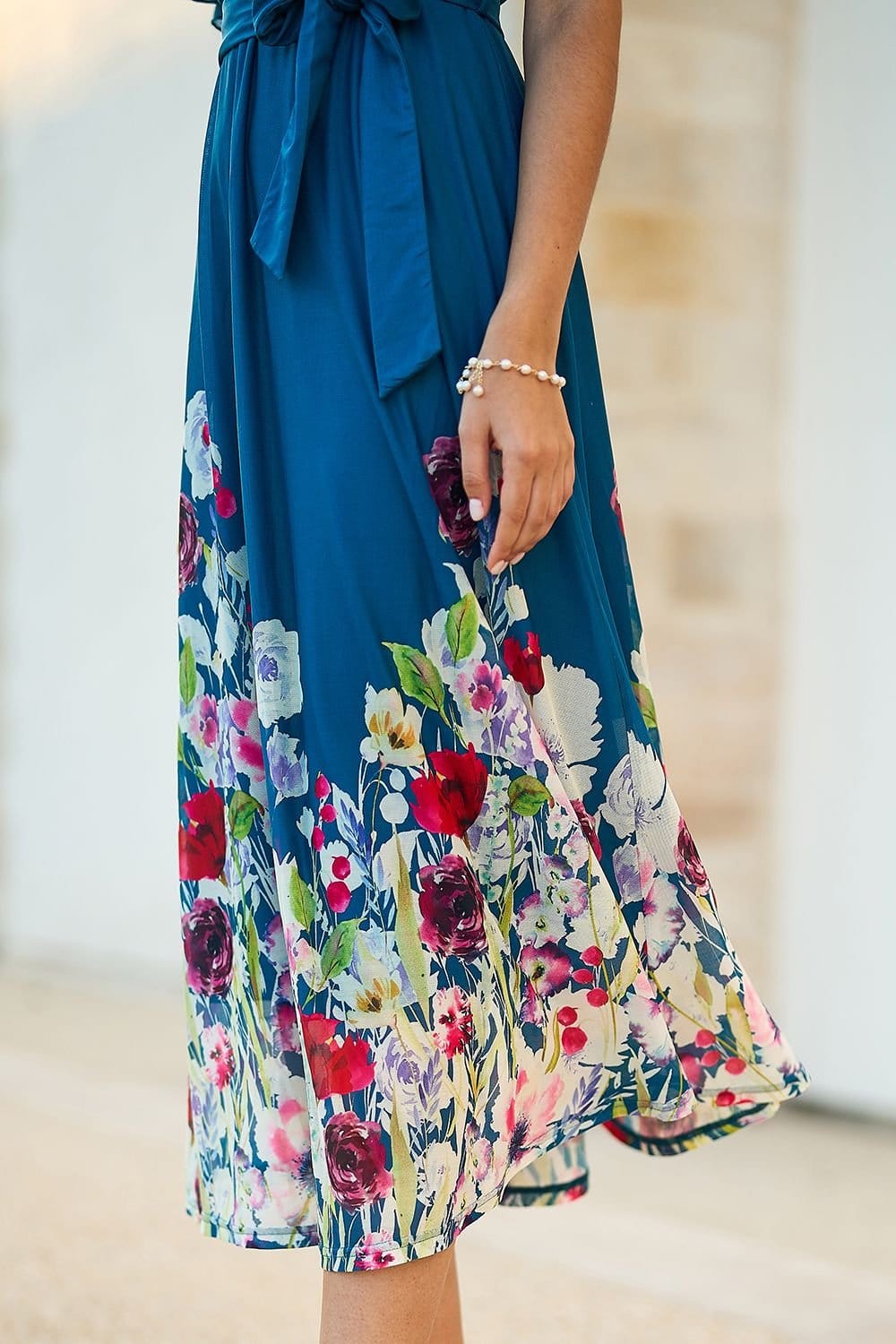 Yumi Yumi Women's Teal Mesh Wrap Midi Dress With Floral Hem Border - 4