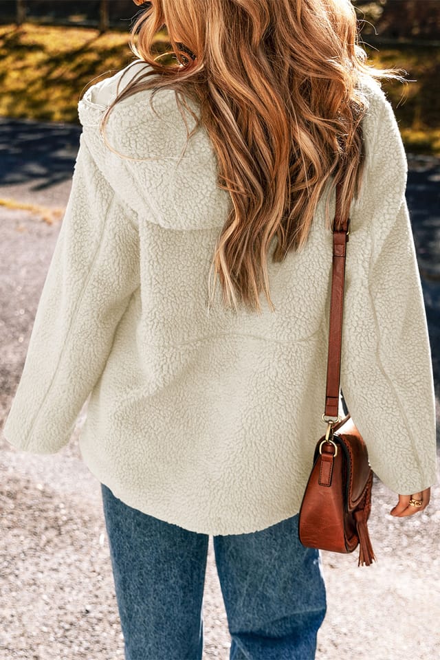 Everyday The Label Everyday The Label Women's Beige Fleece Zip Up Drawstring Hooded Pocketed Jacket in White - 2