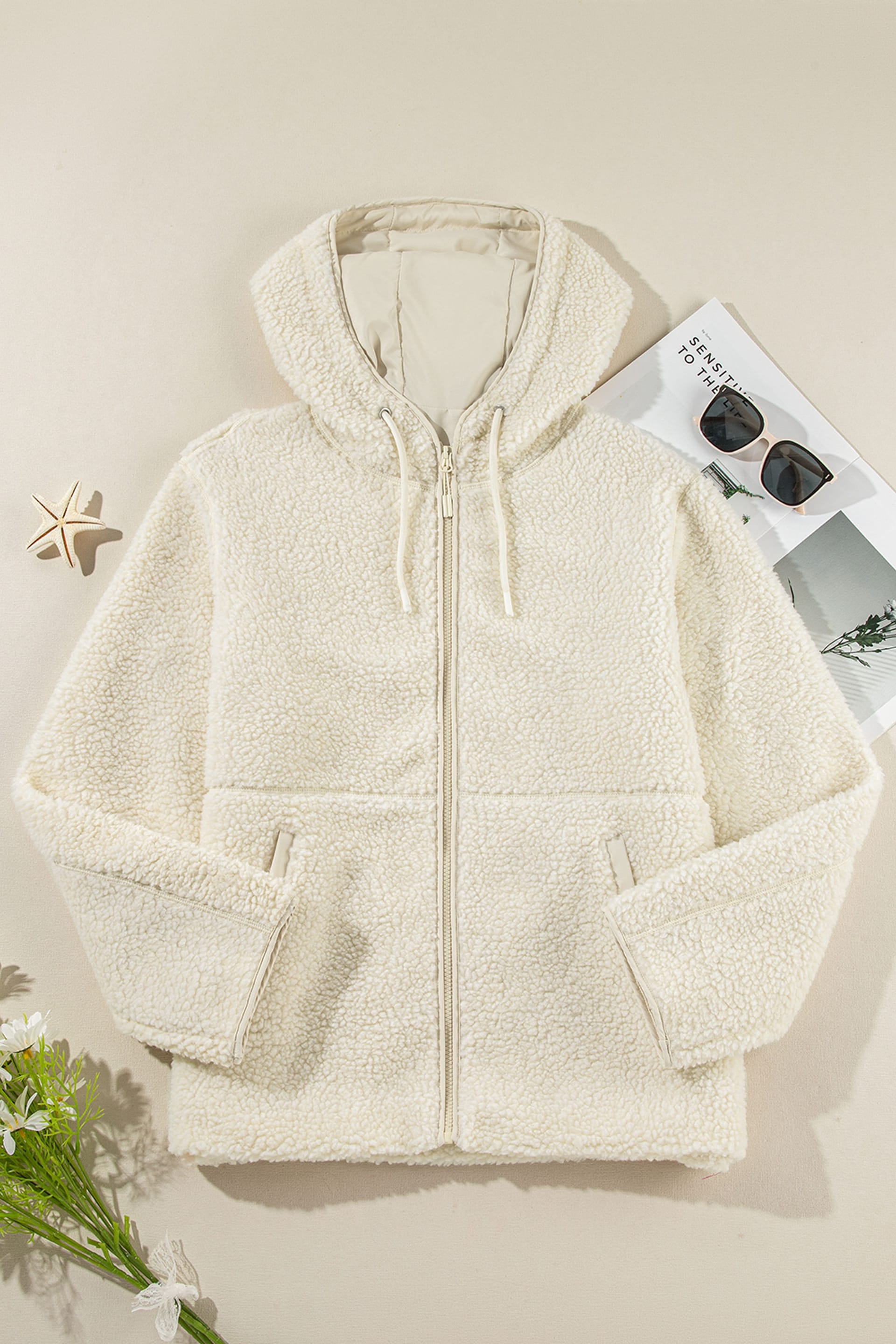 Everyday The Label Everyday The Label Women's Beige Fleece Zip Up Drawstring Hooded Pocketed Jacket in White - 4