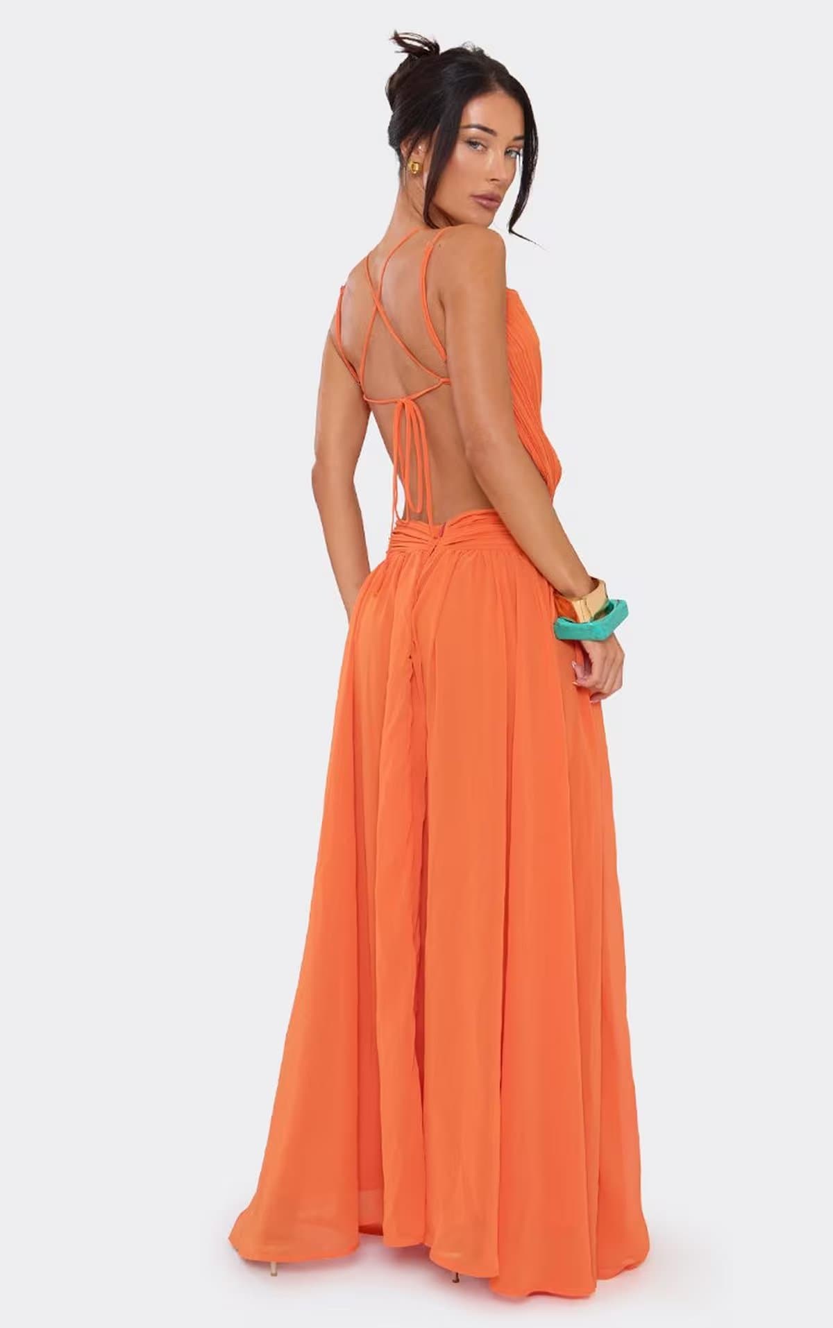 EGO Strappy Trim Detail Cut Out Waist Maxi Dress In Orange Chiffon, Women's Size UK 6