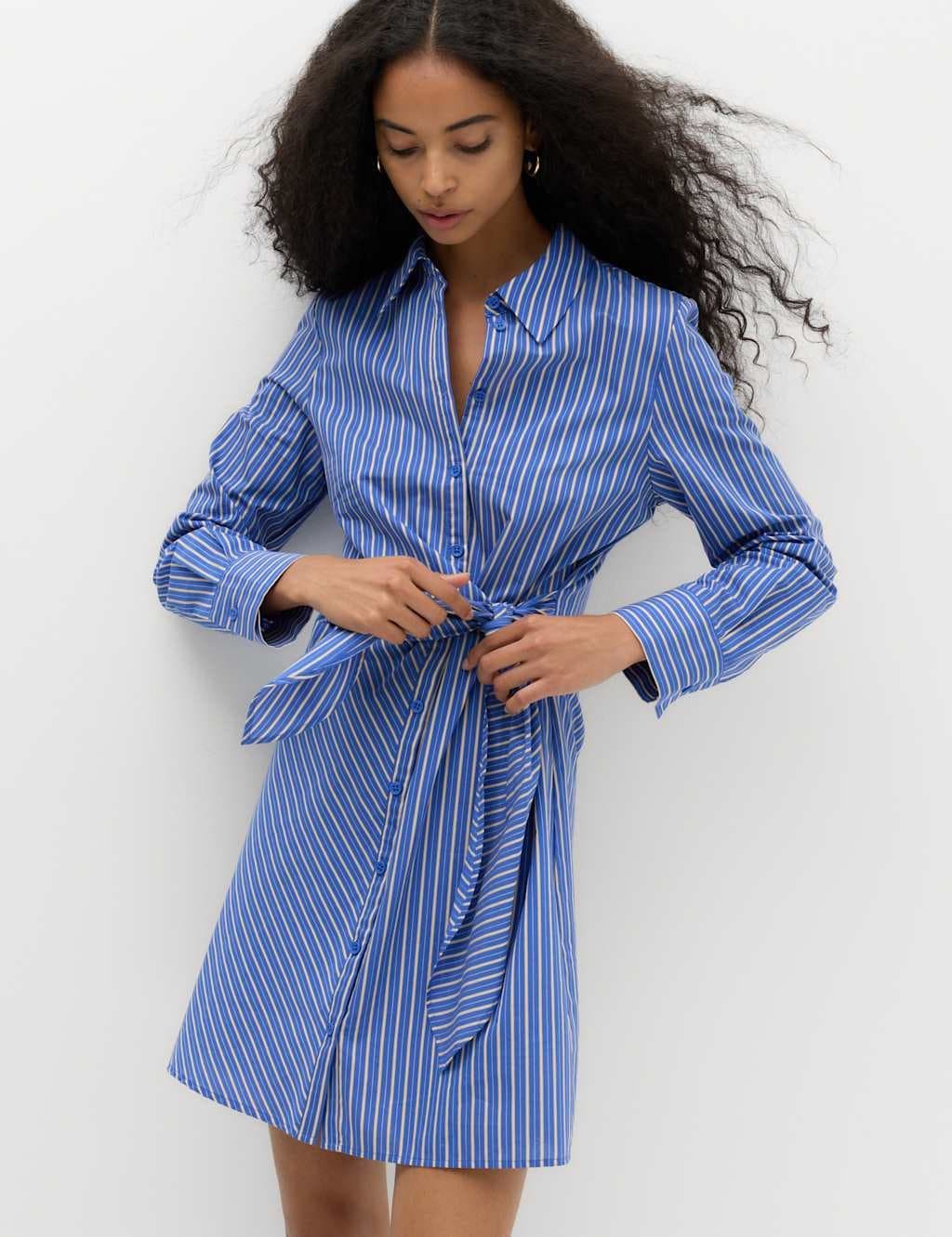 Marks & Spencer M&S Cotton Rich Striped Mini Shirt Dress Blue Mix