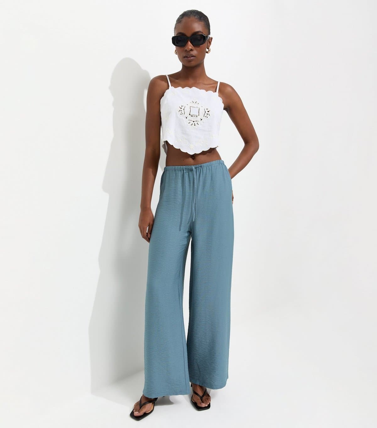New Look Women's Light Blue Woven Drawstring Wide Leg Trousers New Look