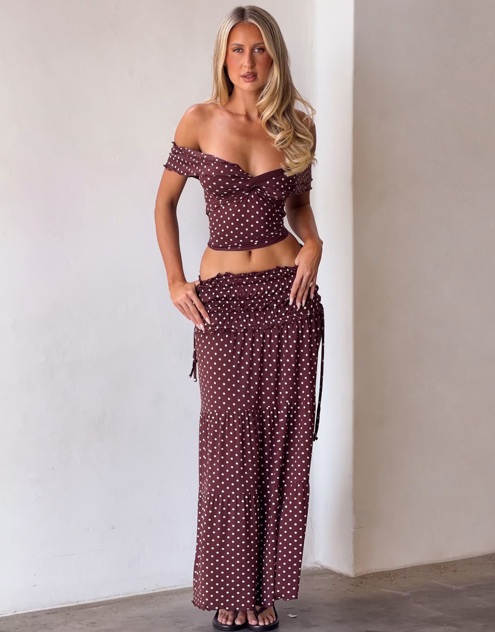 ASOS Tiger Mist Denali ruched drop waist maxi skirt co-ord in brown polka dot