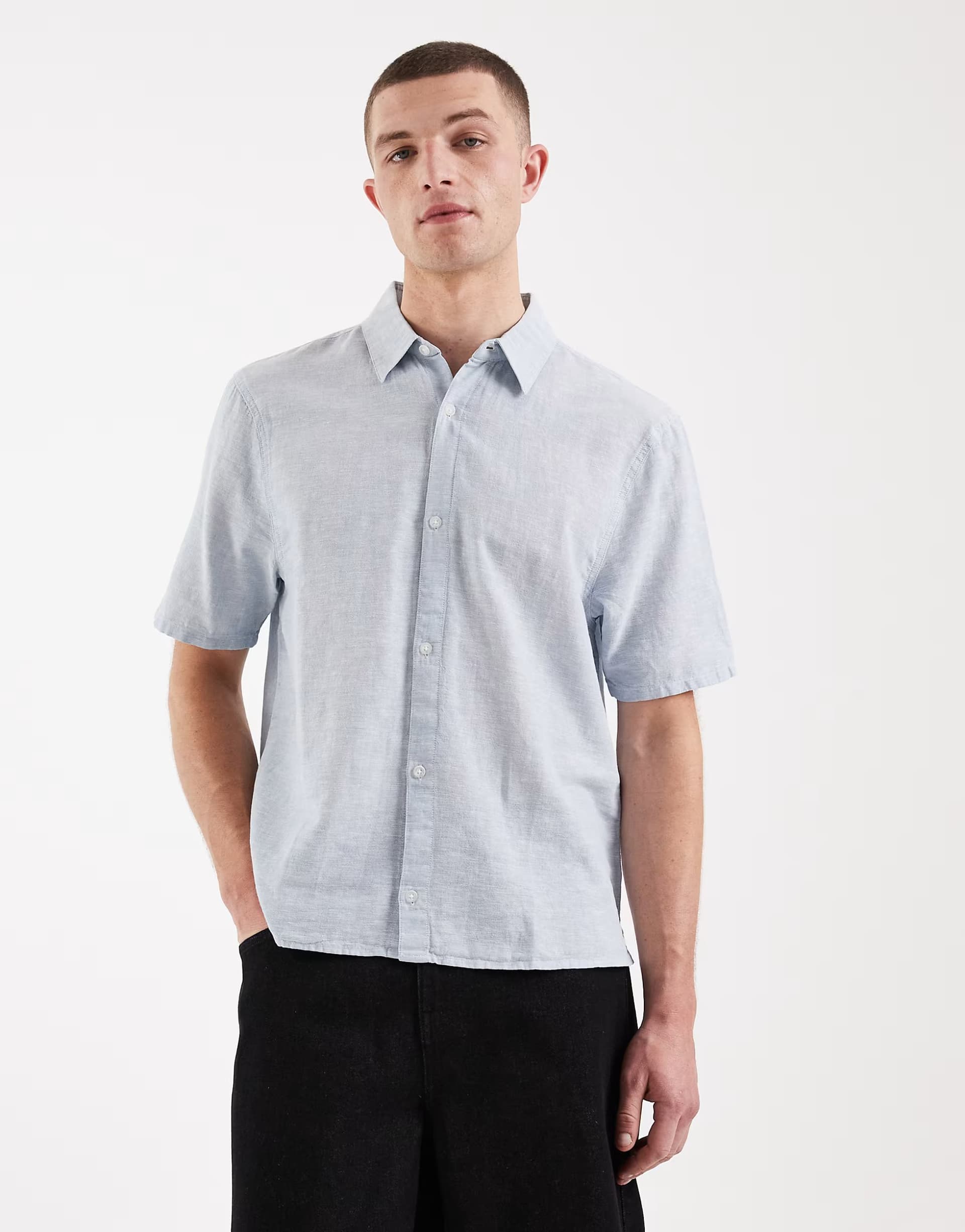 ASOS Hollister short sleeve linen blend shirt in blue