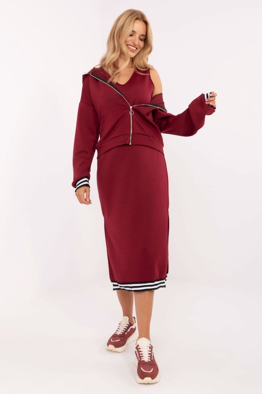 Love Lace Love Lace Women's Casual Hoodie Zip Midi Dress Set in Burgundy - 1