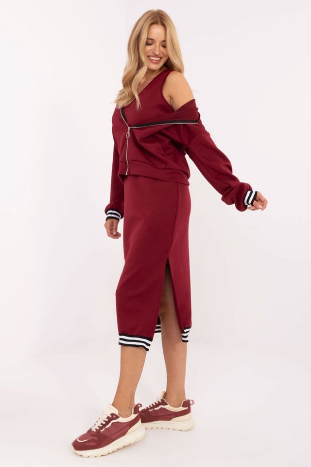 Love Lace Love Lace Women's Casual Hoodie Zip Midi Dress Set in Burgundy - 2