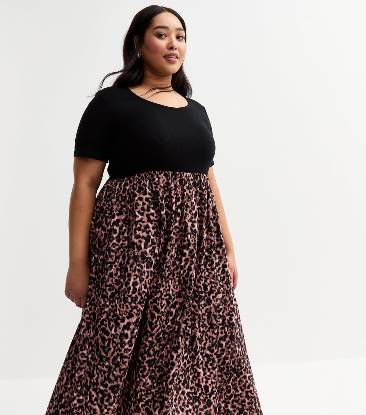 New Look Women's Plus Size Brown Leopard Print Poplin Midi Dress Curves New Look