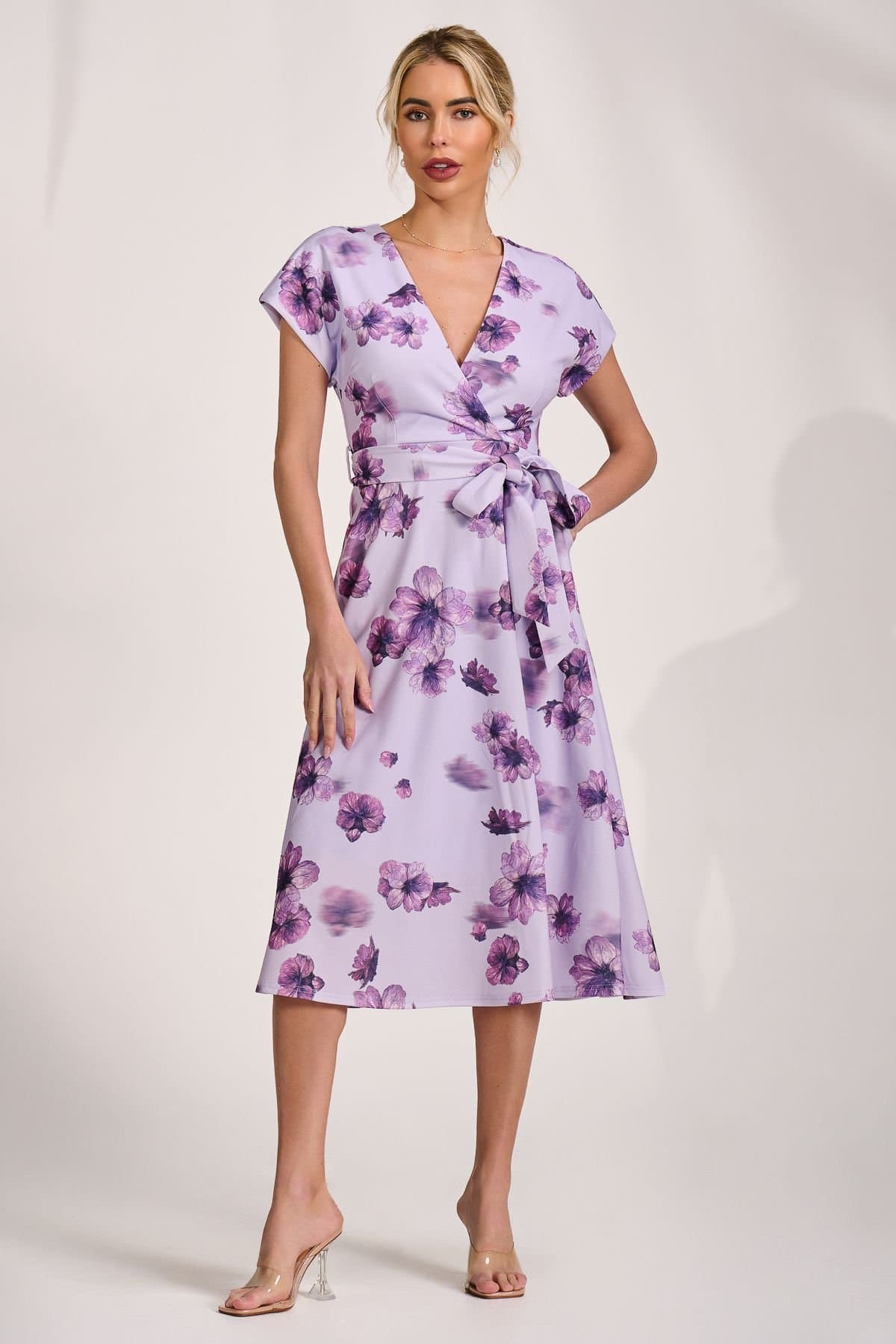 Jolie Moi Jolie Moi Women's Kimono Sleeve Print Scuba Midi Dress in Lilac
