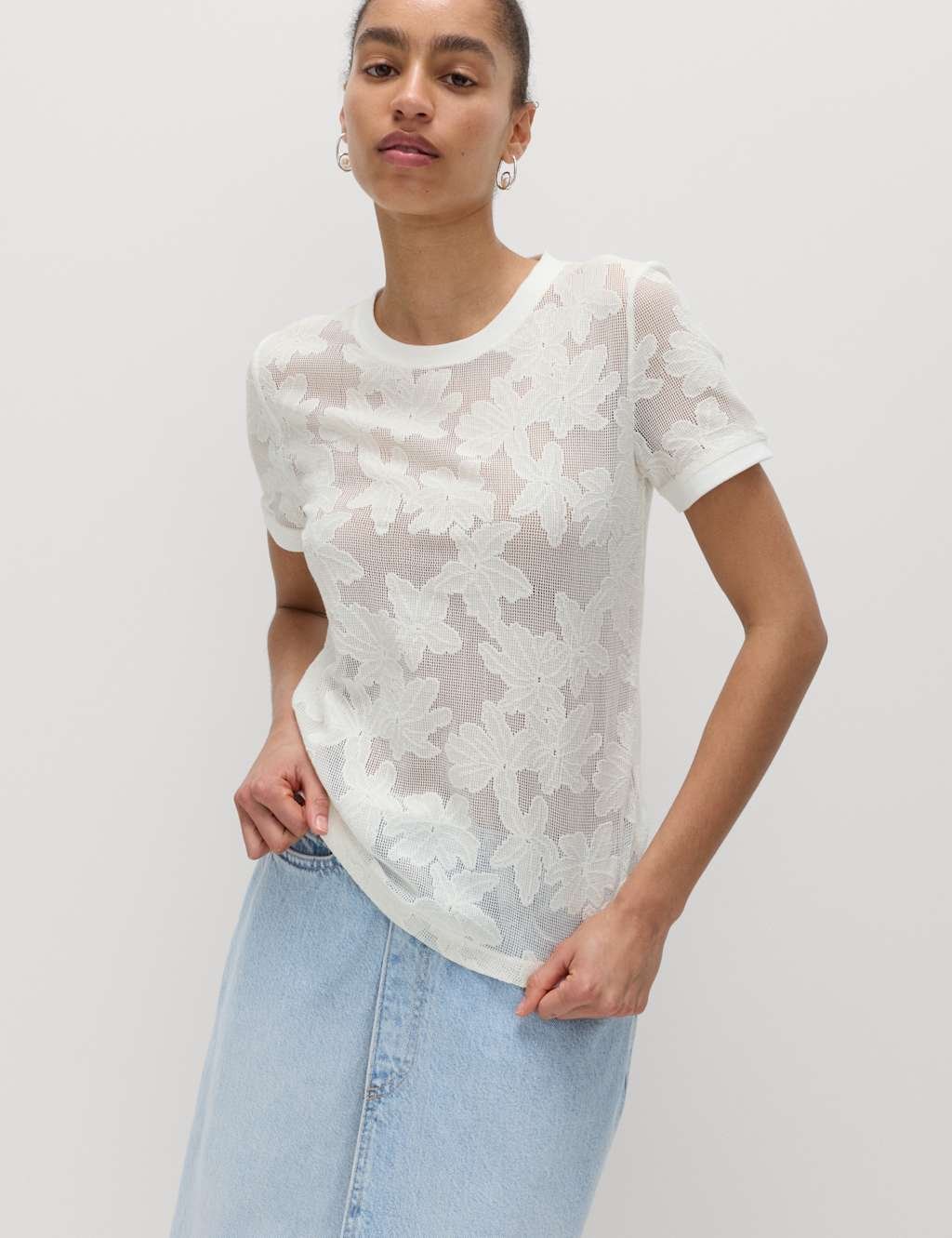 Marks & Spencer M&S Cotton Blend Floral Lace Top Soft White - 4