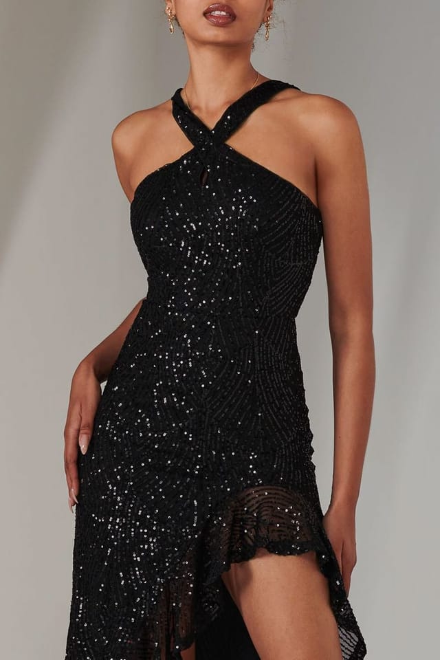 Jolie Moi Jolie Moi Women's Cross Neck Side Ruffle Sequin Dress in Black - 3