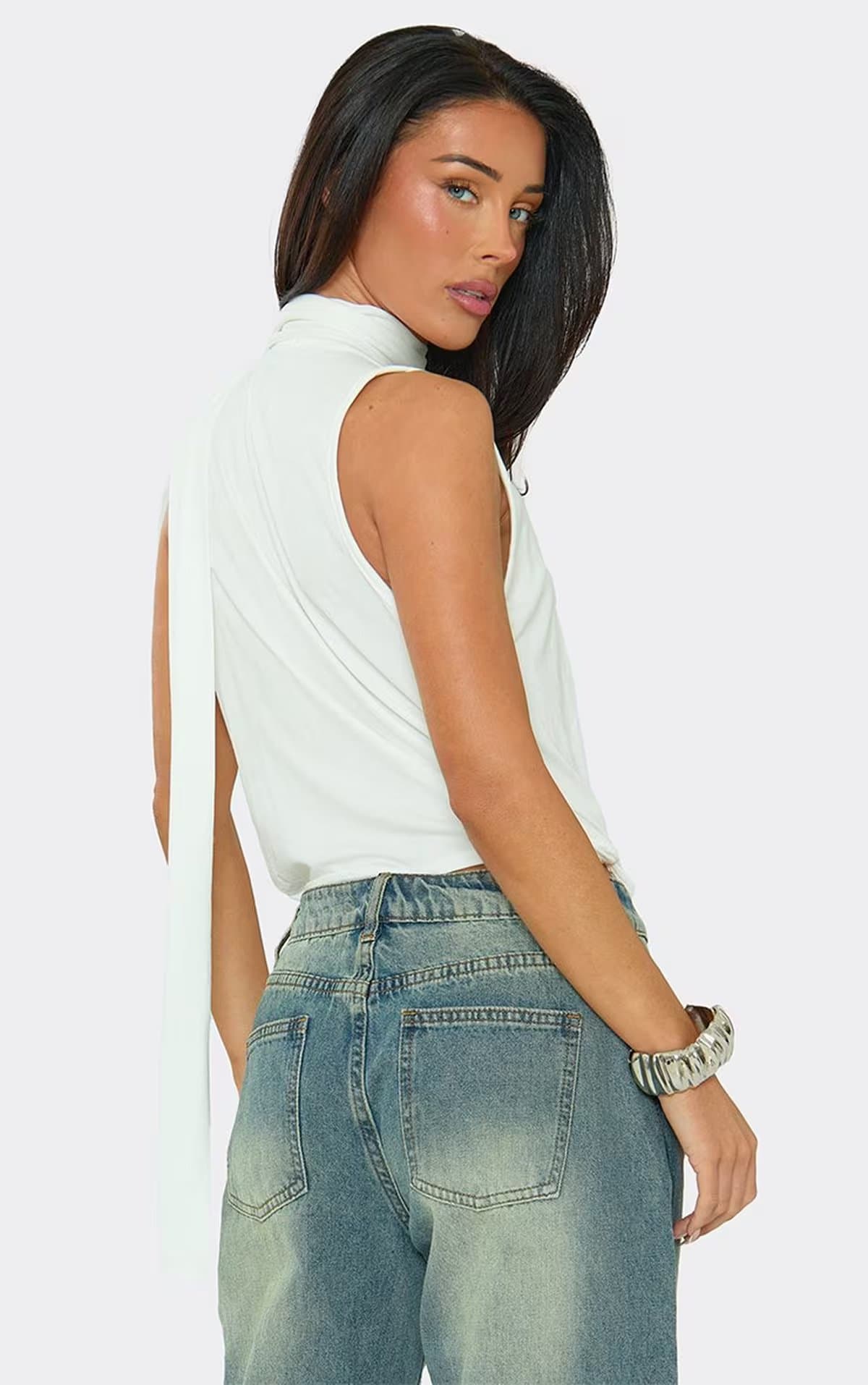 EGO Sleeveless Plunge Front Wrap Scarf Detail Top In White, Women's Size UK 6