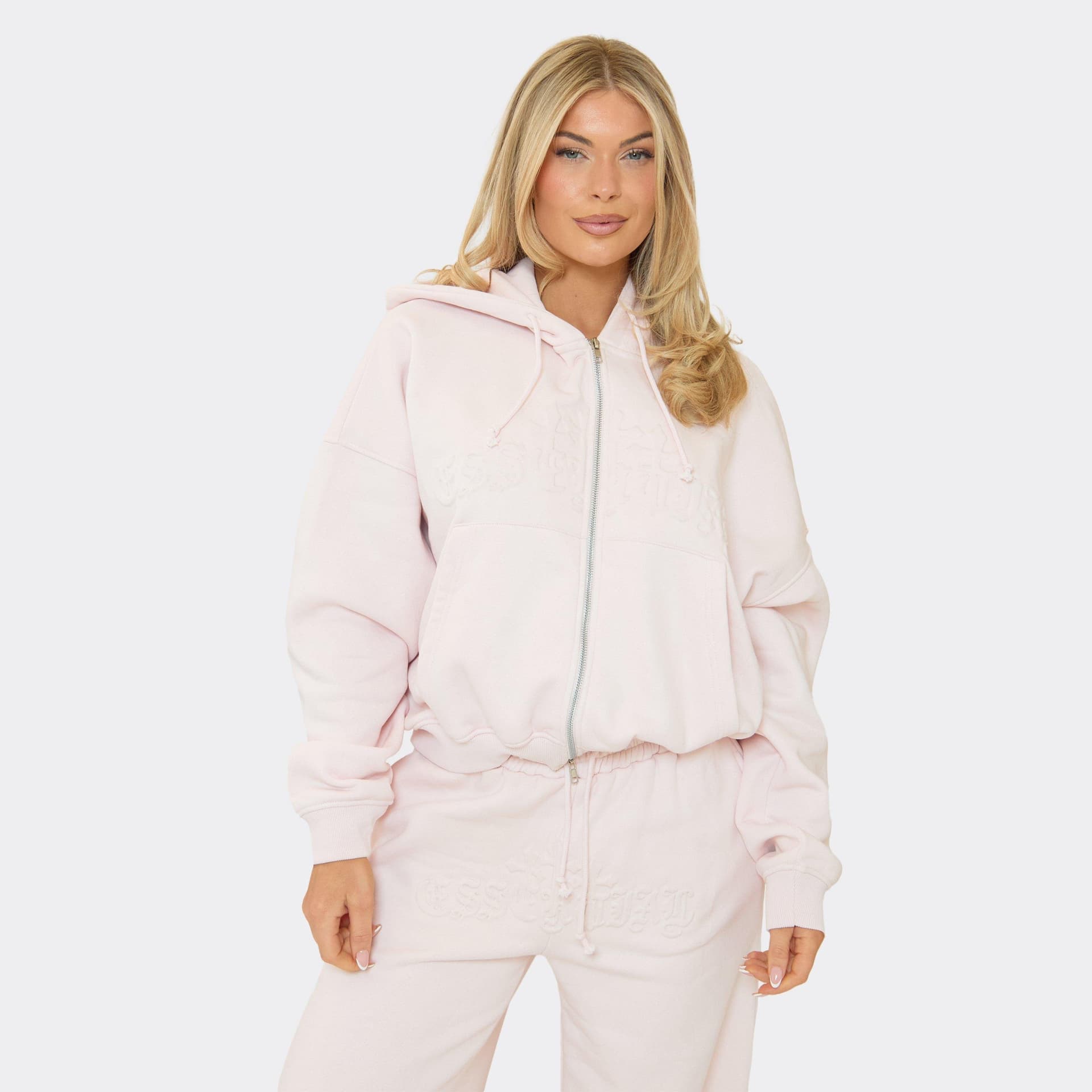 EGO Embossed Graphic Detail Zip Up Front Oversized Hoodie In Pink, Women's Size UK 6