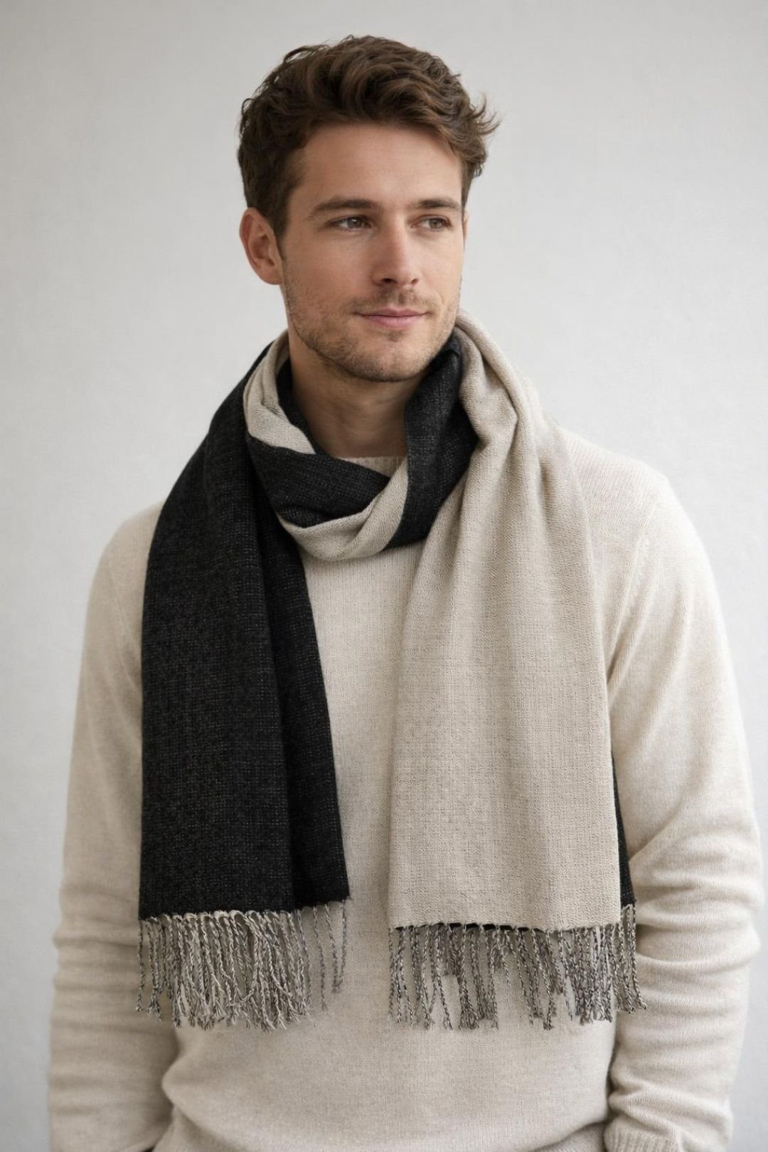 SVNX SVNX Women's Reversible Two-Tone Cashmere Blend Scarf With Tassels in Black - 3