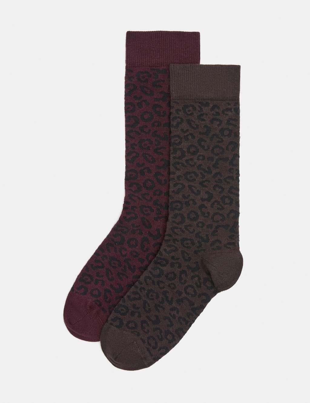 Marks & Spencer M&S 2 Pack Leopard Print Ankle High Socks Chocolate Mix