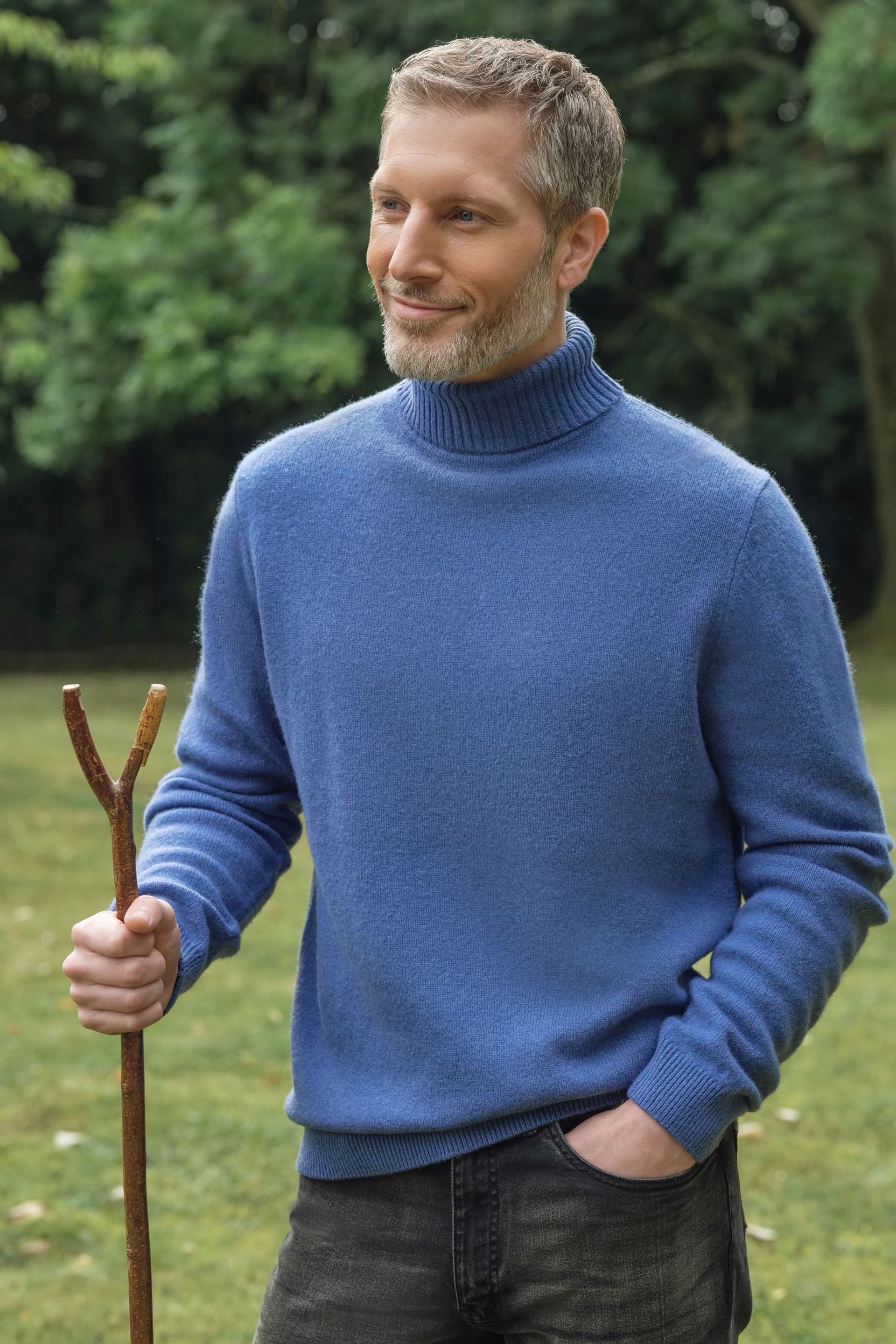 WoolOvers WoolOvers Men's Mens Lambswool Polo Neck Jumper in Mid Blue
