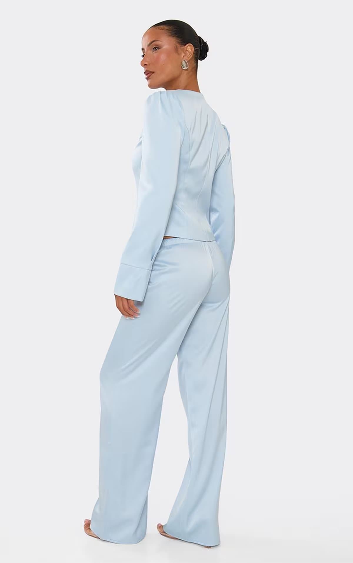 EGO EGO Light Blue Satin Wide Leg Trousers With Drawstring Waist